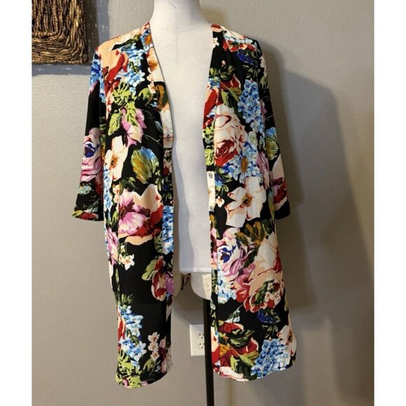 Show Me Your MUMU Kimono Duster Top Cover Up Black Floral Multi Small NEW - Picture 6 of 13